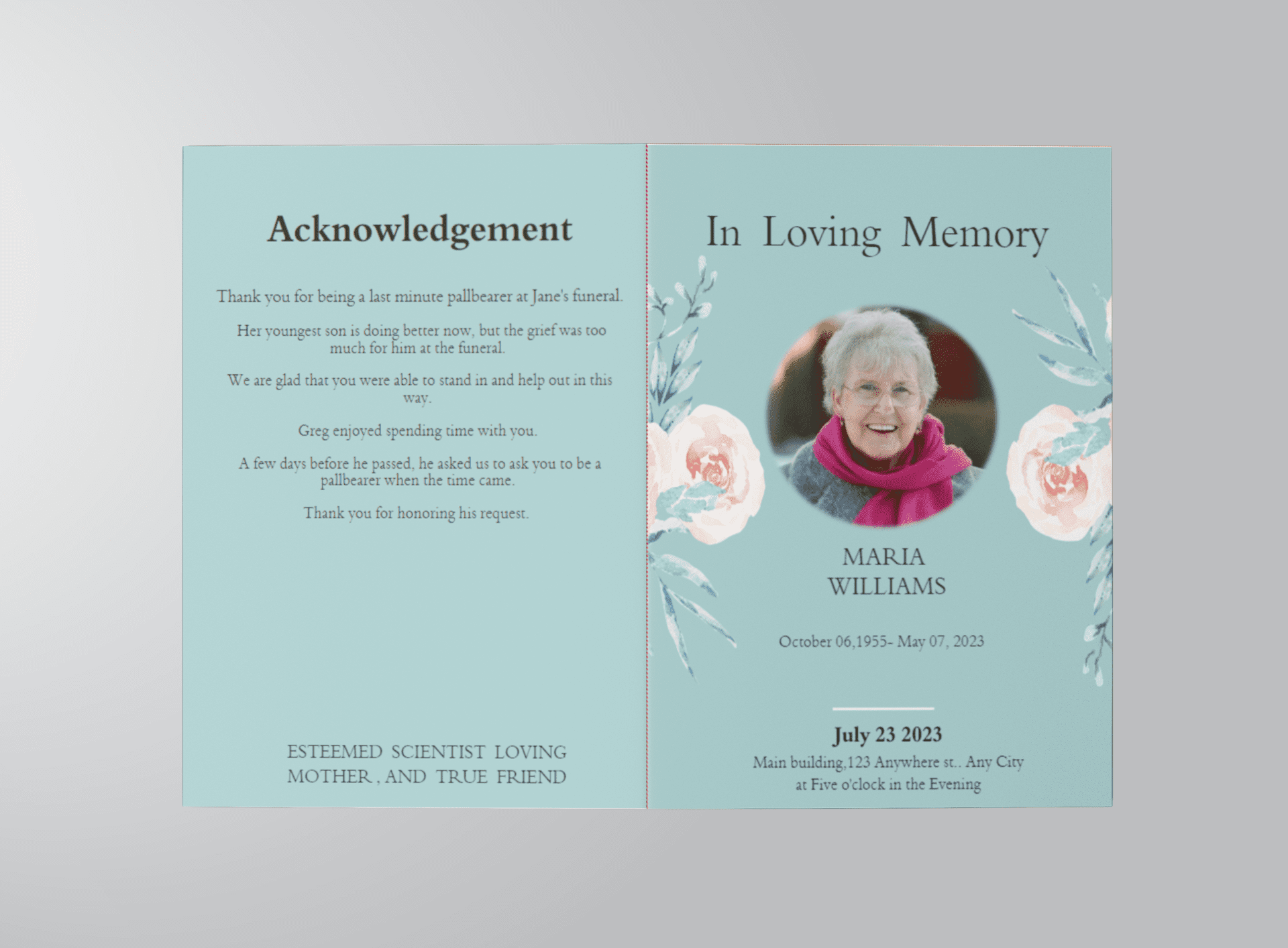 Blue Organic Minimal Half Page Funeral Program Template-outside view