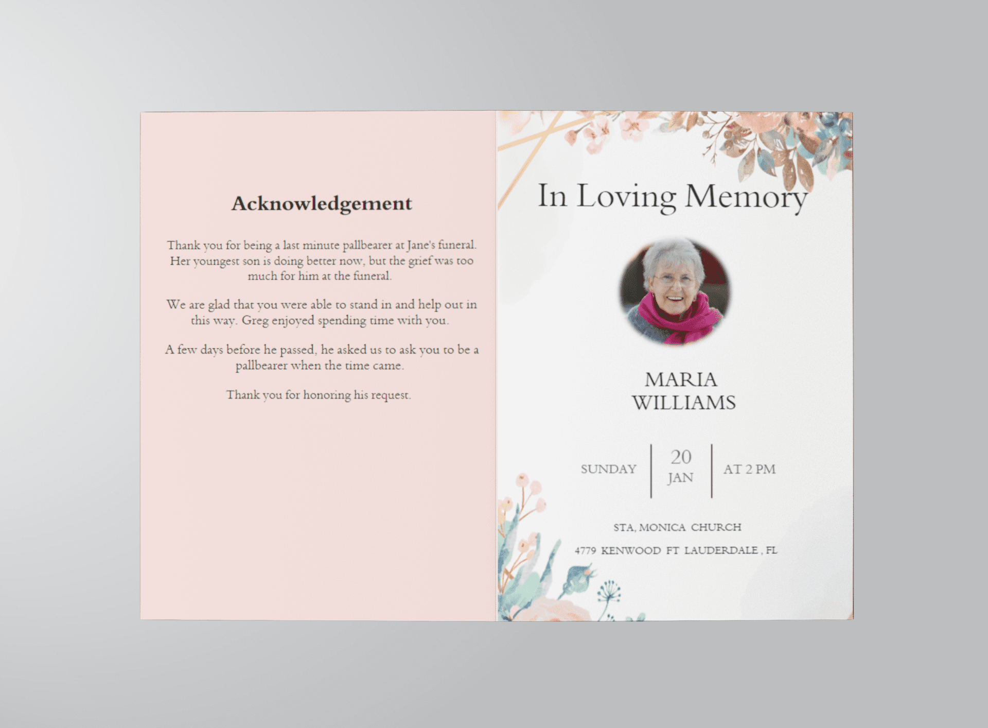 Creative Watercolor Floral Funeral Program Template Outside