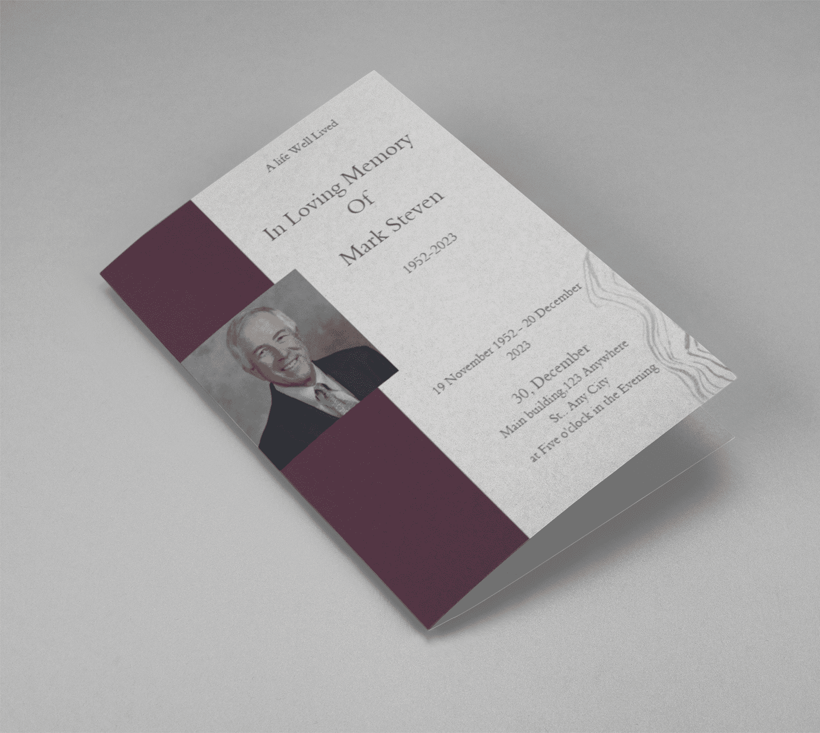 Grey and Burgundy Elegant Half Page Funeral Program Template cover