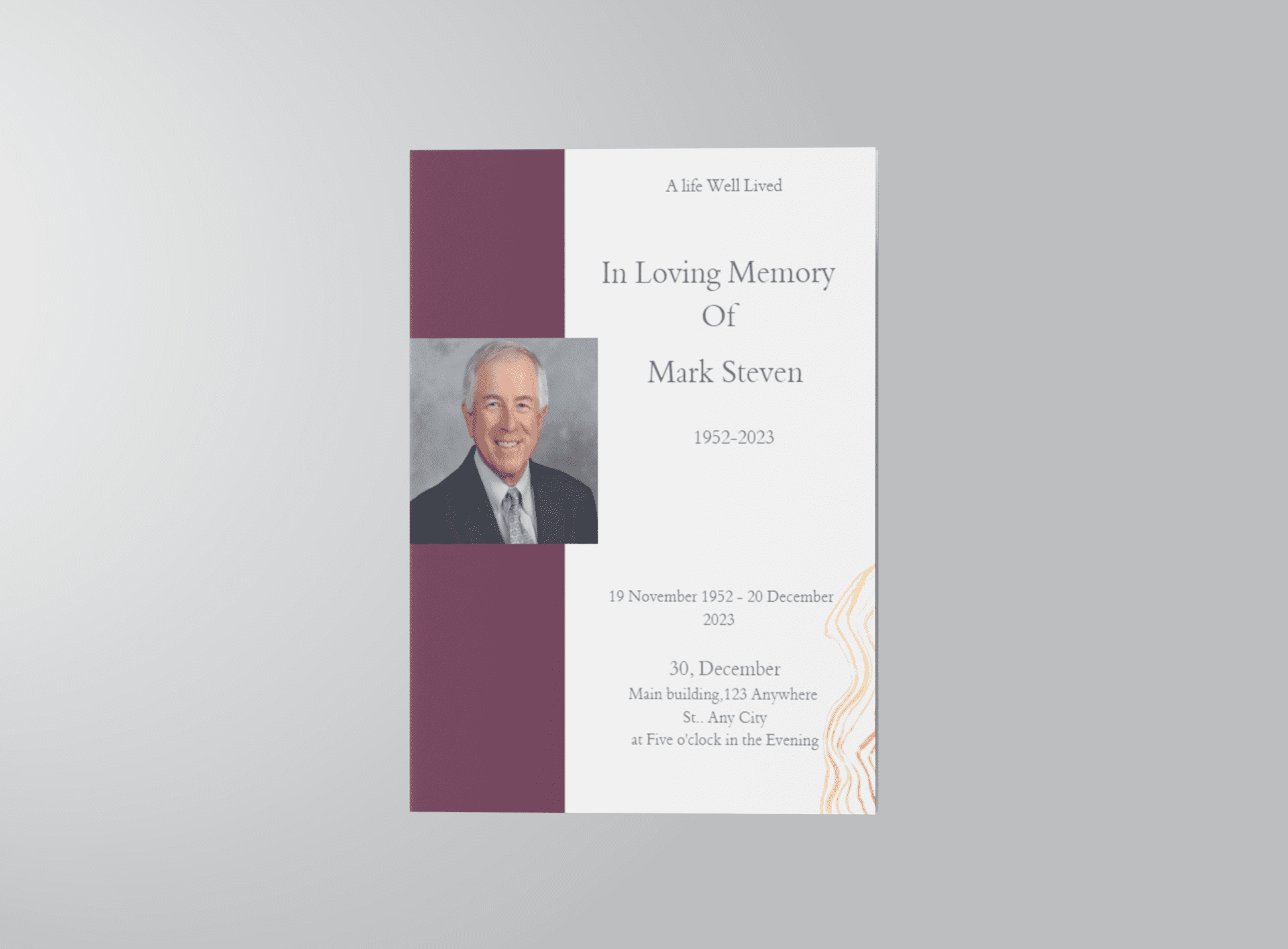 Grey and Burgundy Elegant Half Page Funeral Program Template front