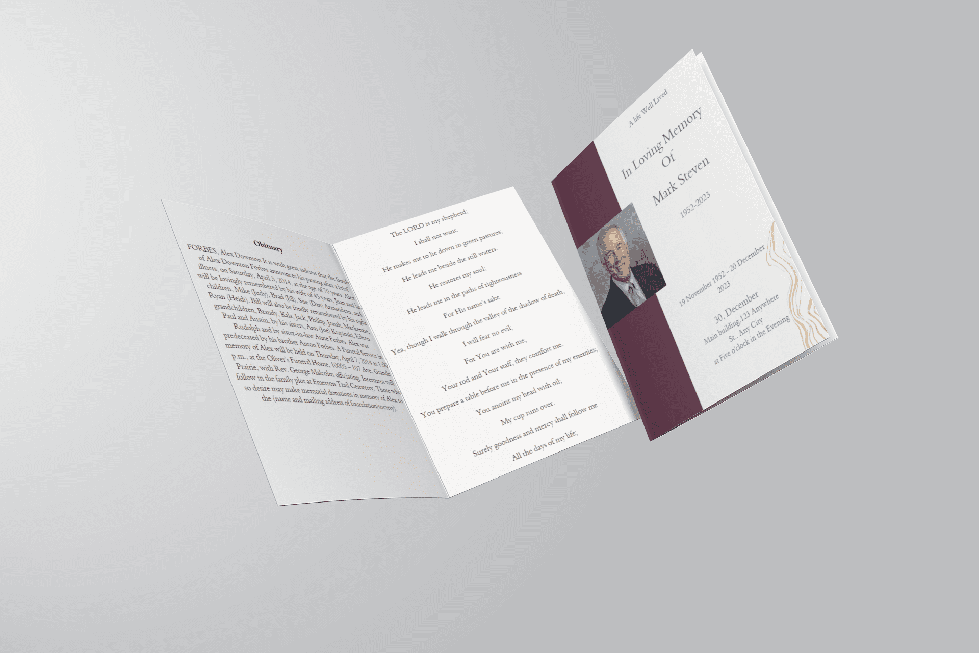 Grey and Burgundy Elegant Half Page Funeral Program Template inside