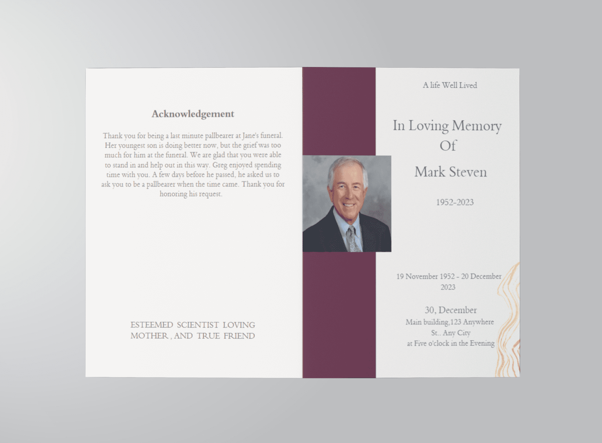 Grey and Burgundy Elegant Half Page Funeral Program-Template outside