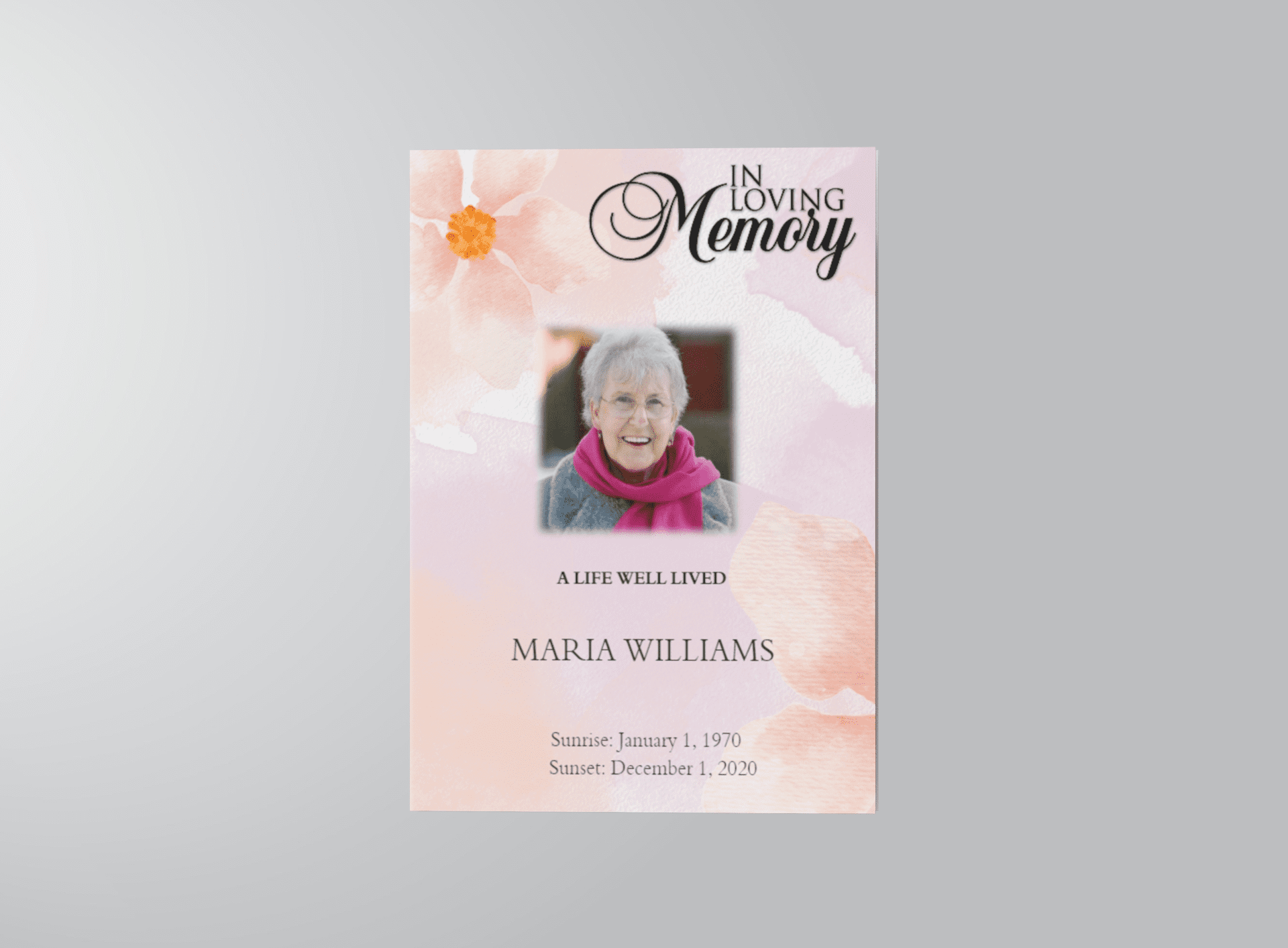 Pink and Orange Watercolour Half Page Funeral Program Template front left