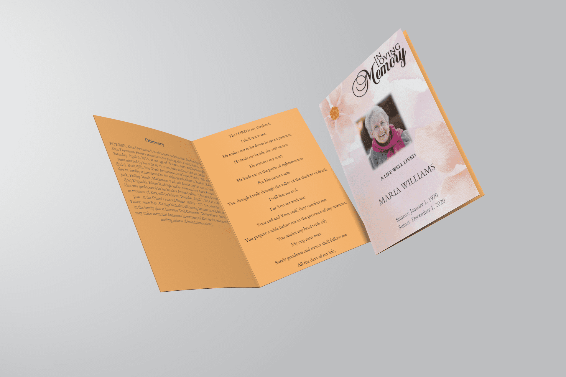 Pink and Orange Watercolour Half Page Funeral Program Template inside view
