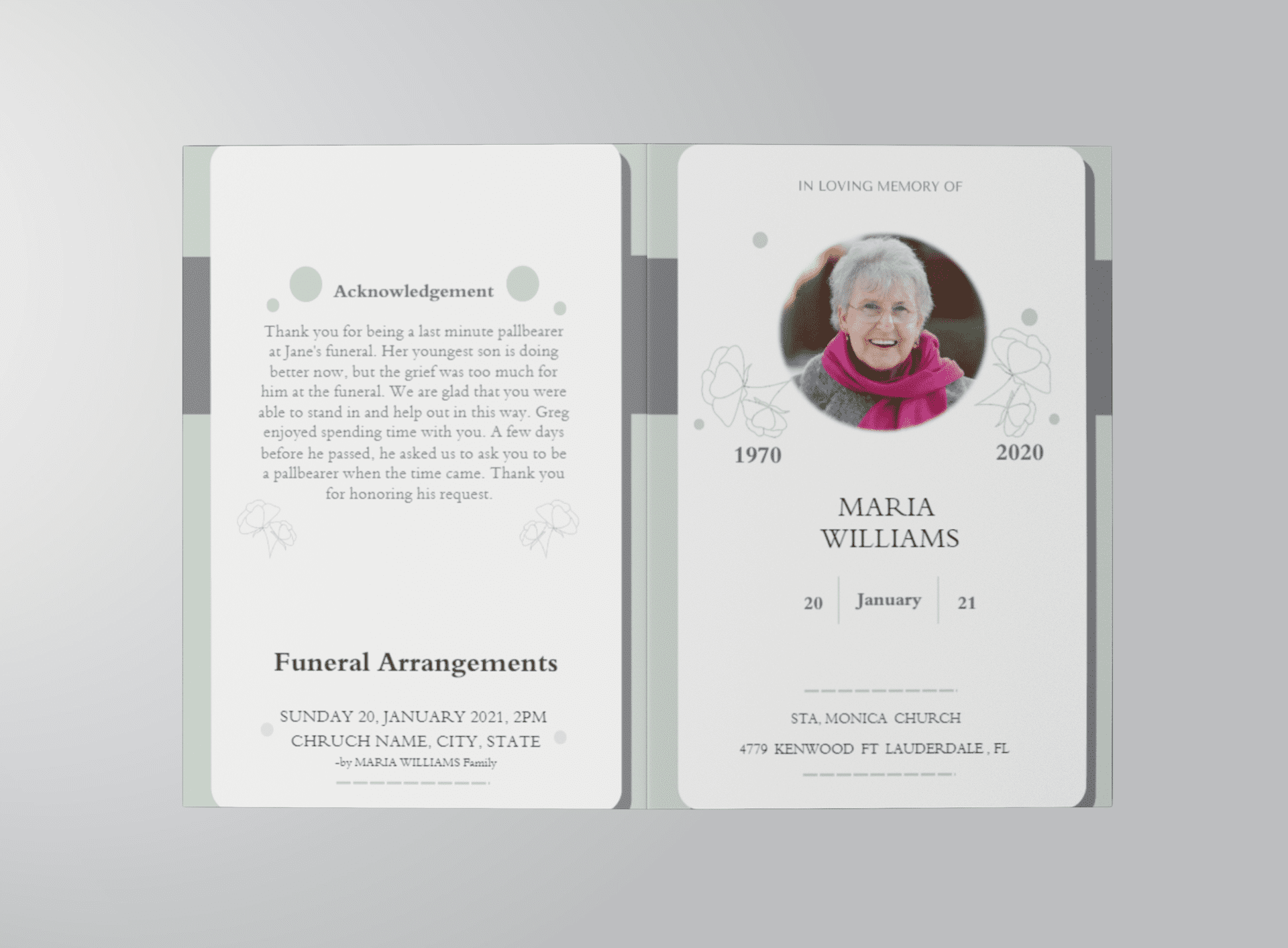 Soft Green and Grey Minimalist Floral Funeral Program Template outside view