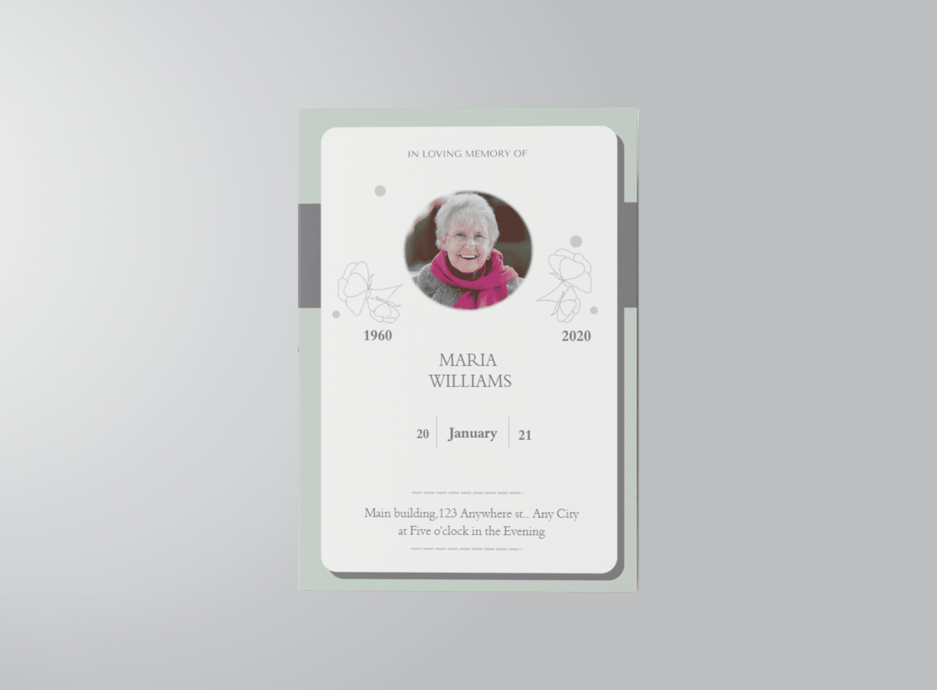 Soft Green and Grey Minimalist Floral Half Page Funeral Program Template front