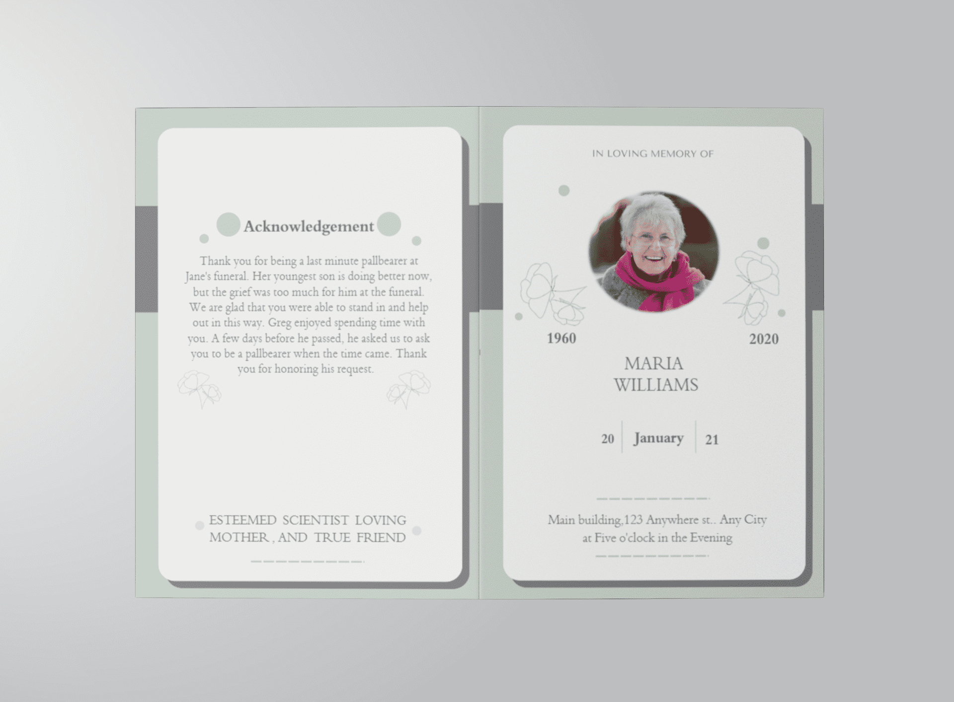 Soft Green and Grey Minimalist Floral Half Page Funeral Program Template outside