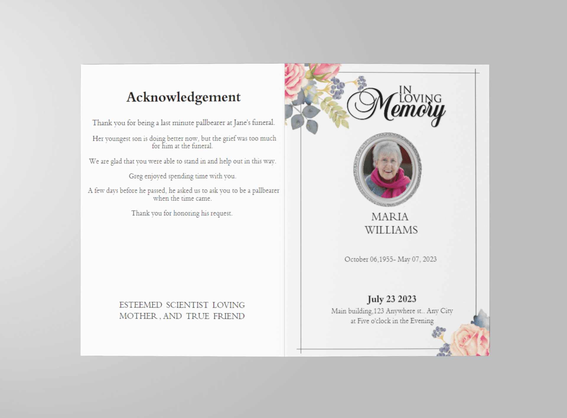 White Floral Pro Half Page Funeral Program Template outside