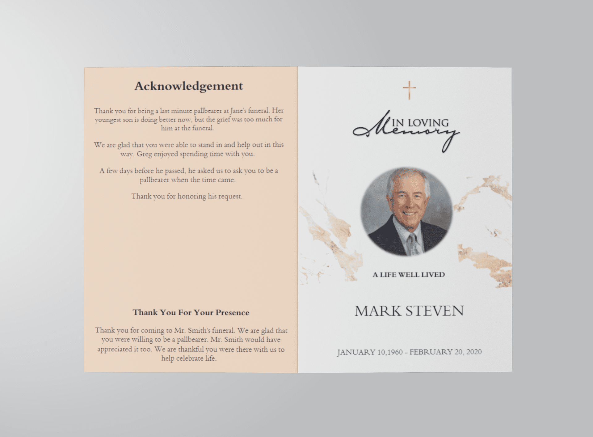 Cream Gold Marble Funeral Program Template outside