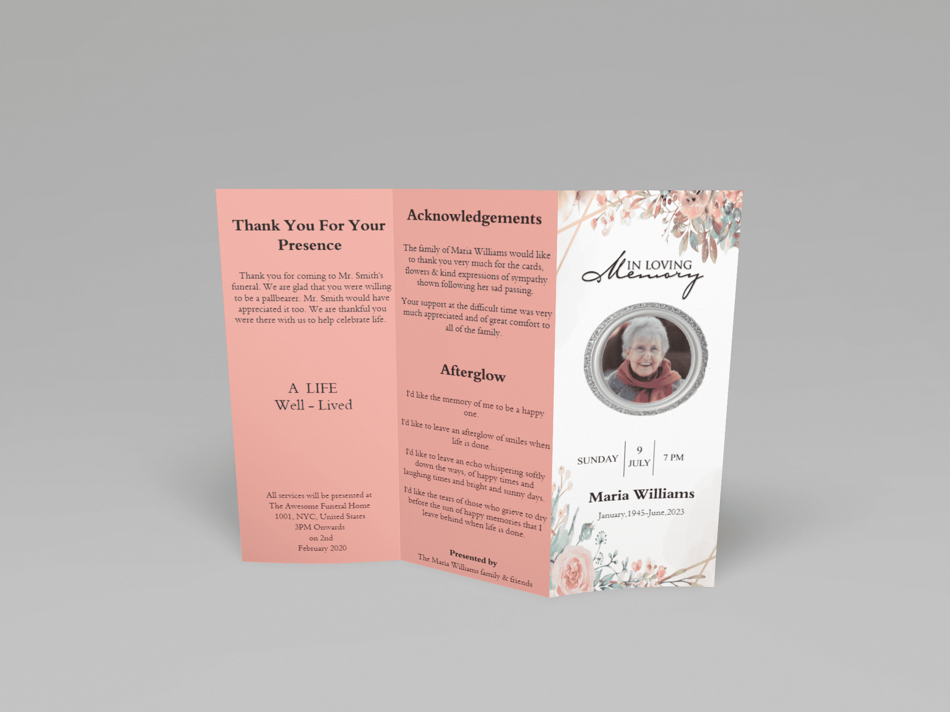 Creative Watercolor Floral Trifold Funeral Program Template