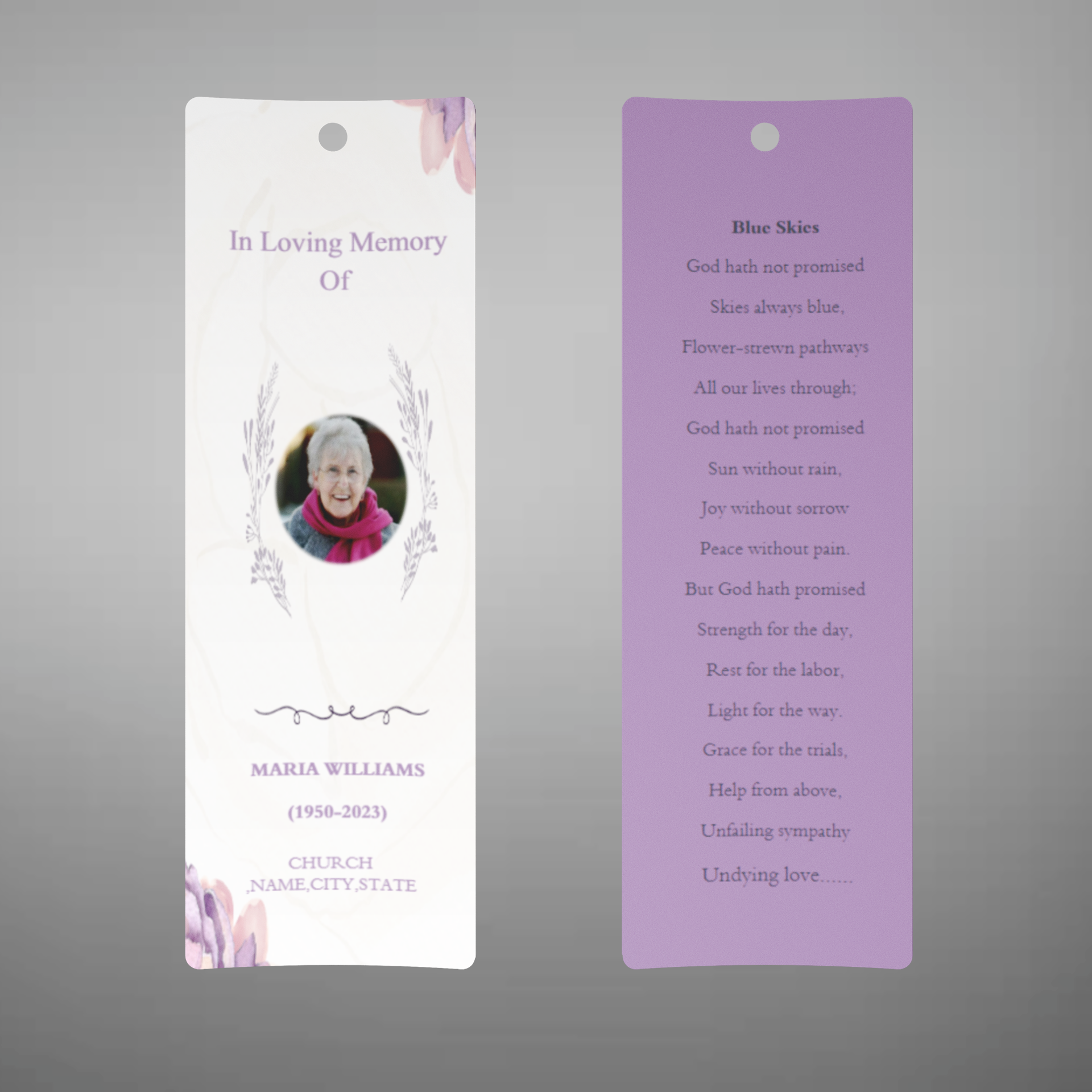 Purple Elegant Watercolo Funeral Bookmark Template