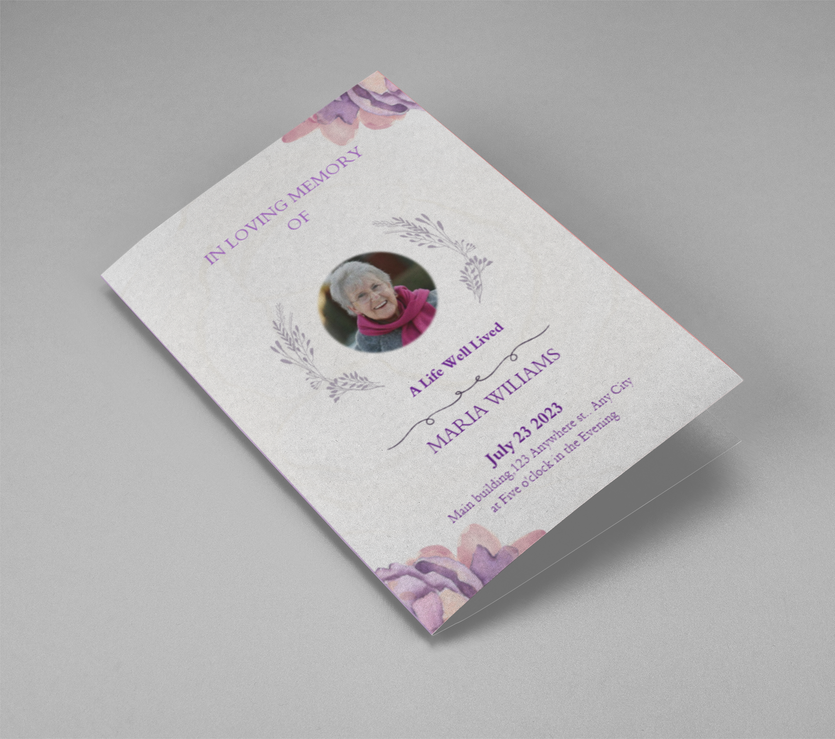 Purple Elegant Watercolor Half Page Funeral Program Template cover