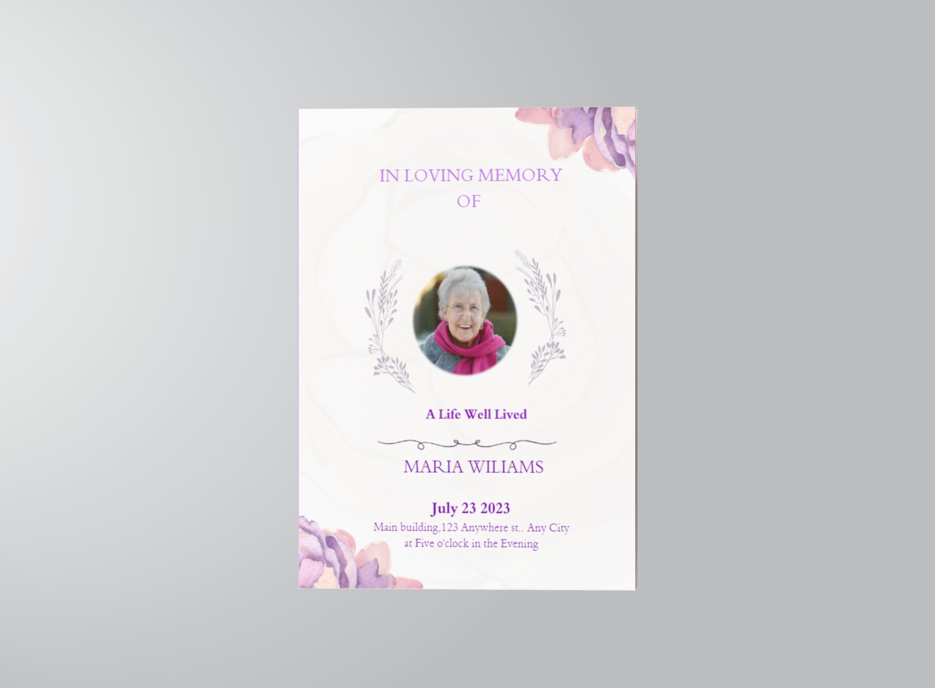 Purple Elegant- Watercolor Half Page-Funeral-Program Template front
