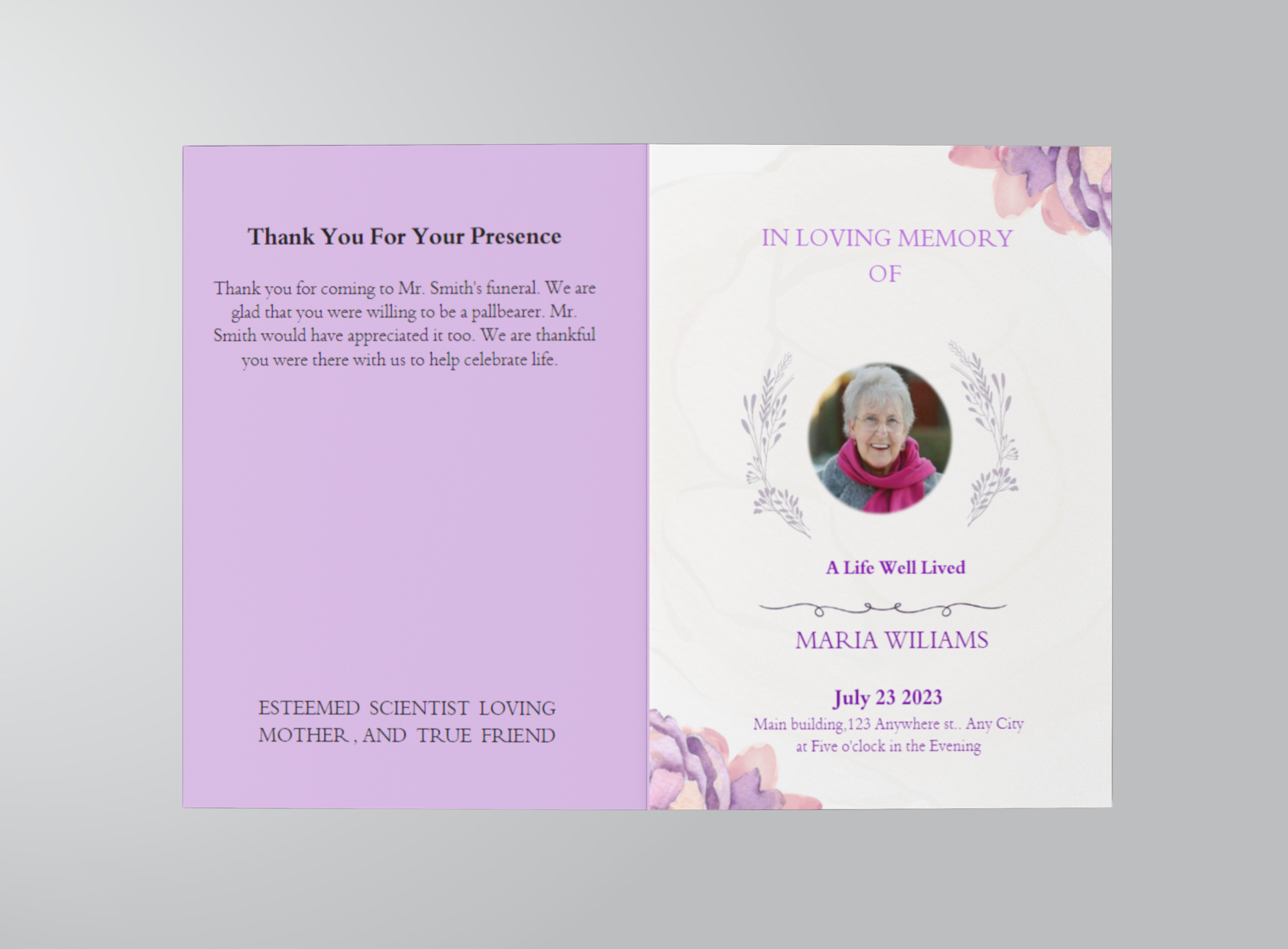 Purple Elegant Watercolor Half Page Funeral Program Template outside