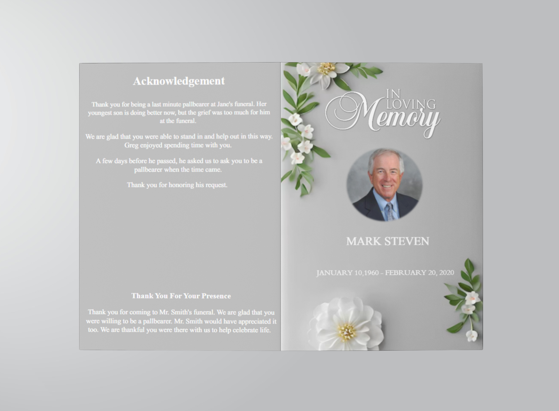 Grey Floral White Tiny Flower Funeral Program Template outer