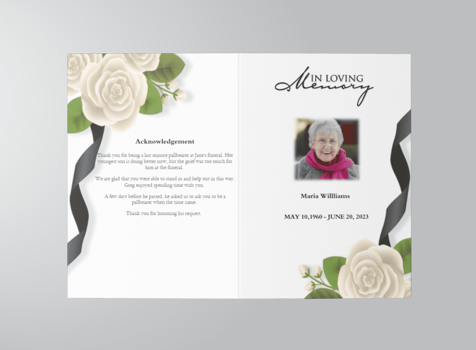 WHITE ROSES AND BLACK RIBBON FUNERAL PROGRAM TEMPLATE
